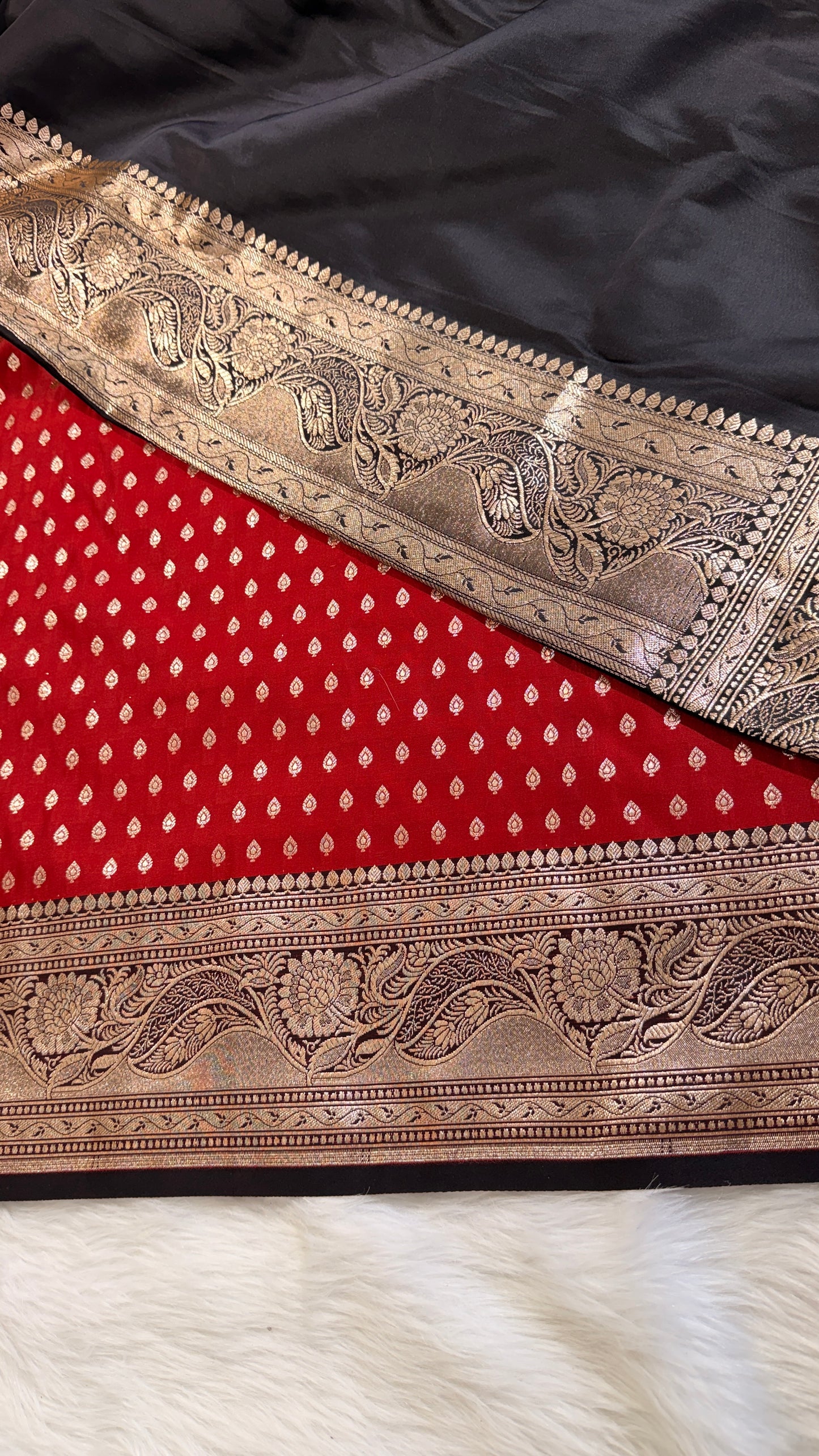 Red Black Katan Banarasi Saree