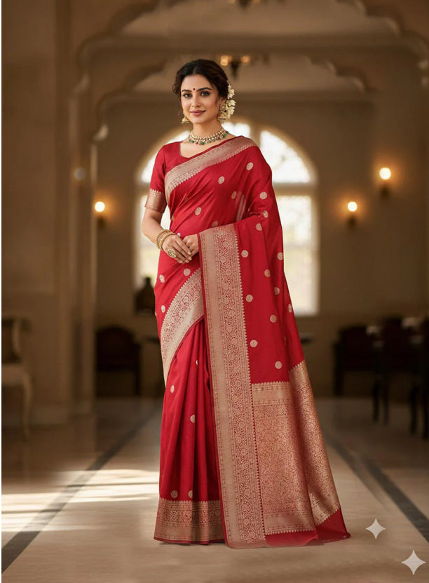 Red Buti Banarasi Satin Saree