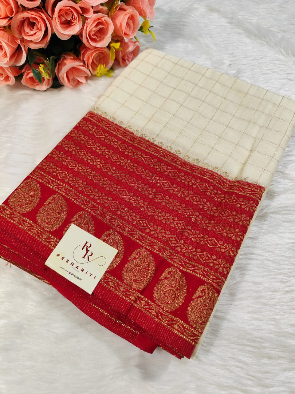 White Red Border Banarasi Saree
