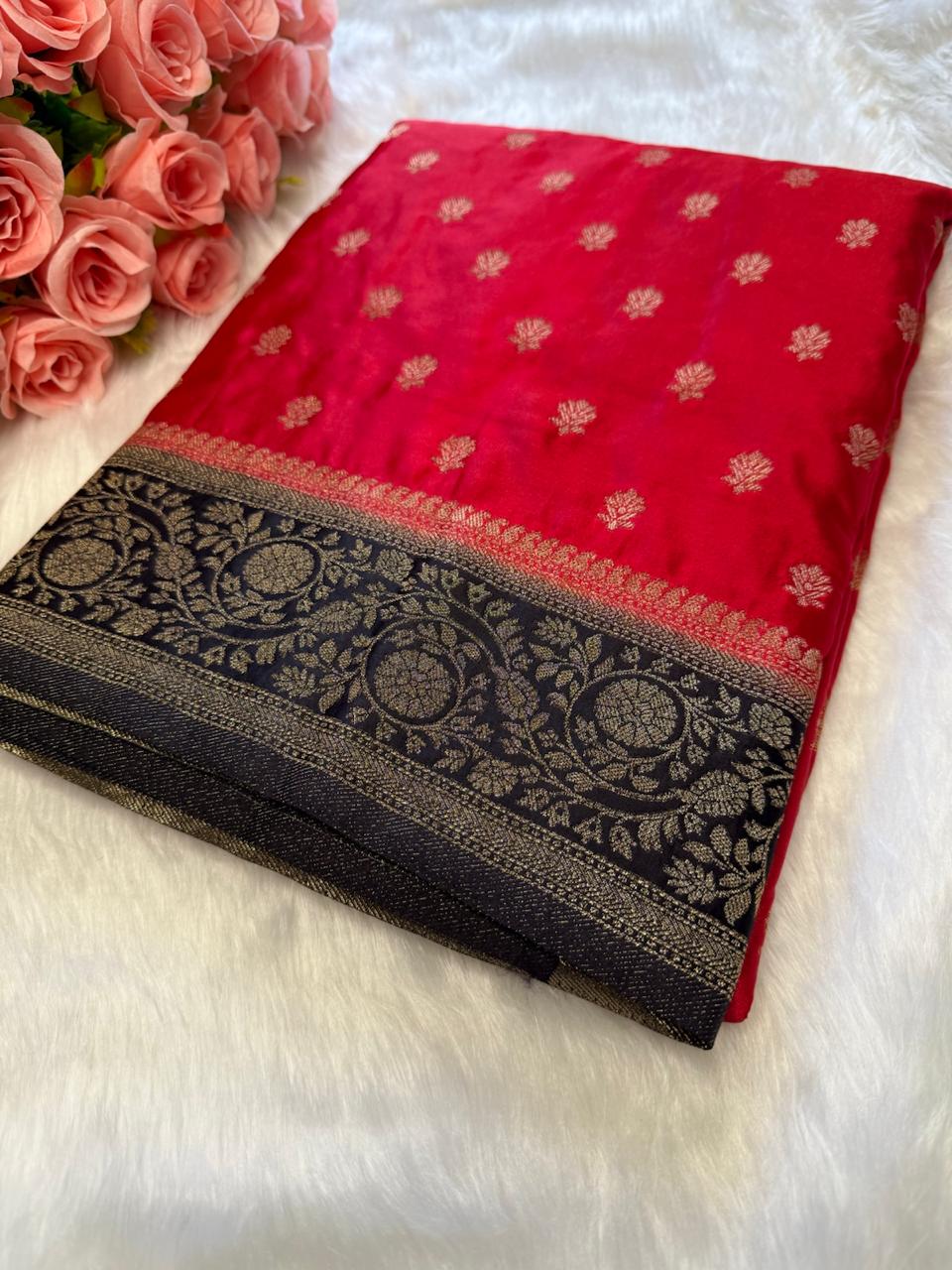 Red Black Border Buti Banarasi Satin Saree
