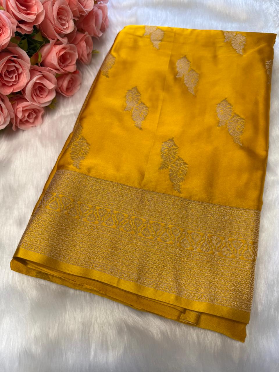Yellow Floral Banarasi Satin Saree