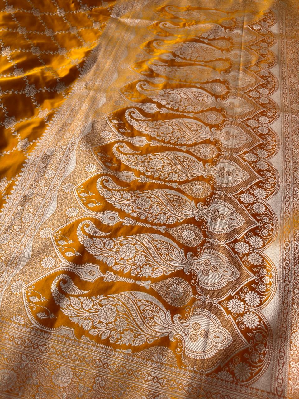 Mustard Yellow Jaal Banarasi Mashru Silk Saree