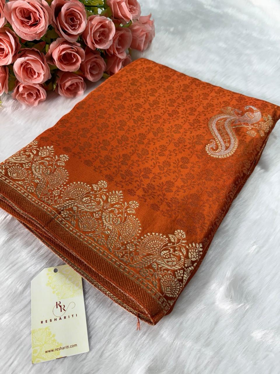 Rust Orange Tanchui Banarasi Saree