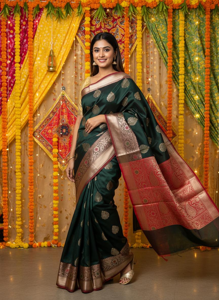 Green Floral Banarasi Silk Saree