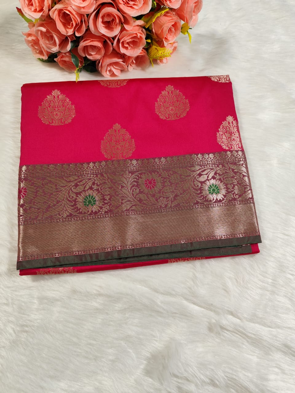 Rani Pink Floral Banarasi Silk Saree