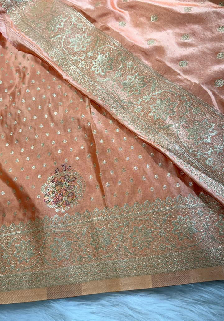 Peach Satin Banarasi Saree