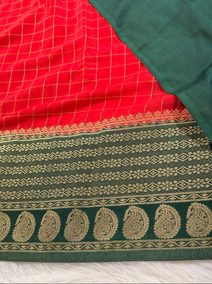 Red Green Semisilk Banarasi Saree
