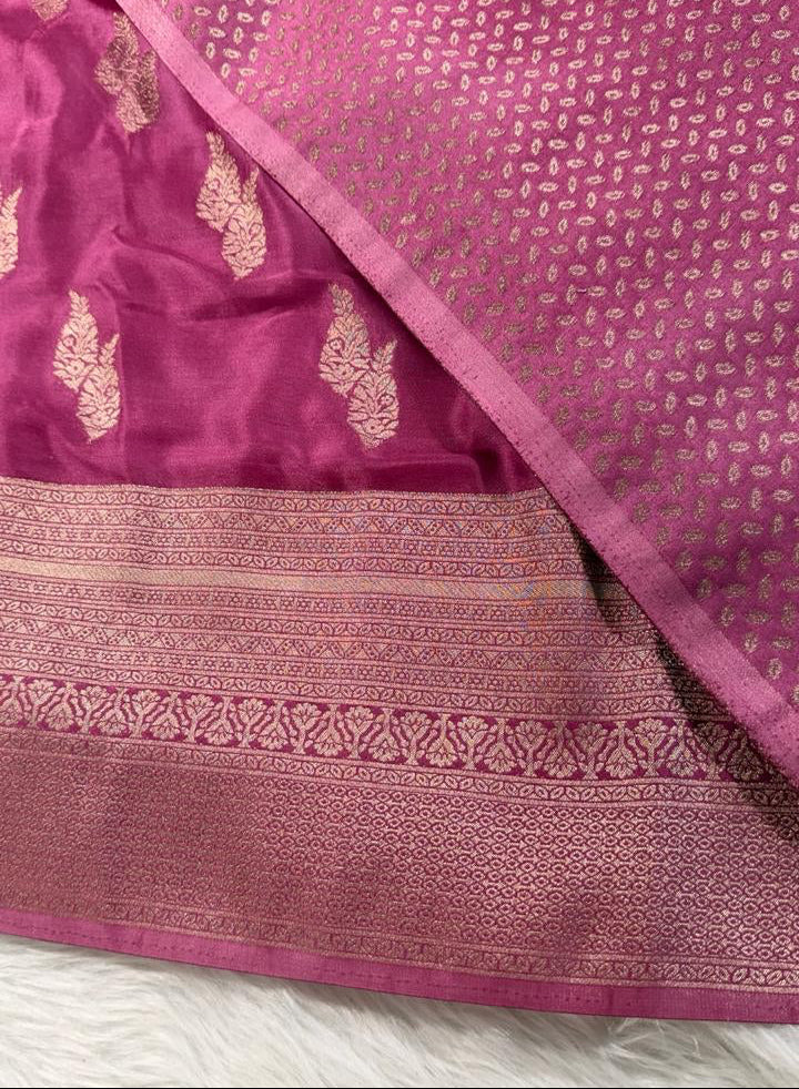 Onion Pink Satin Banarasi Saree