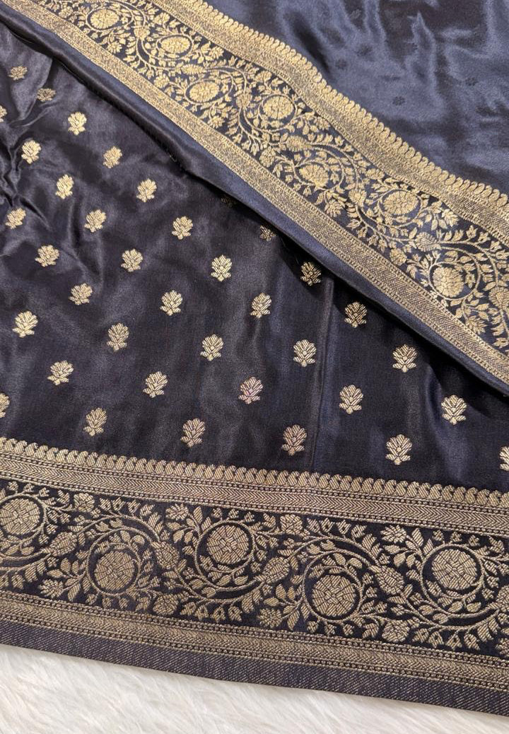 Black Satin Banarasi Saree