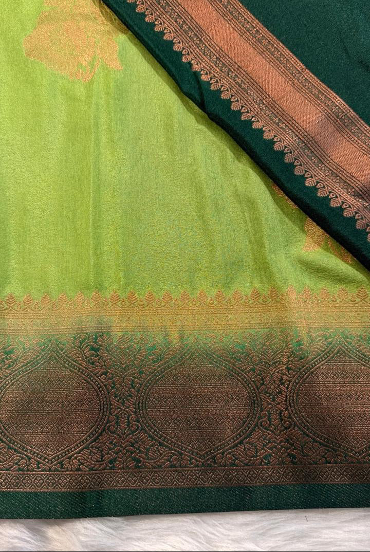 Green Floral Semisilk Banarasi Saree