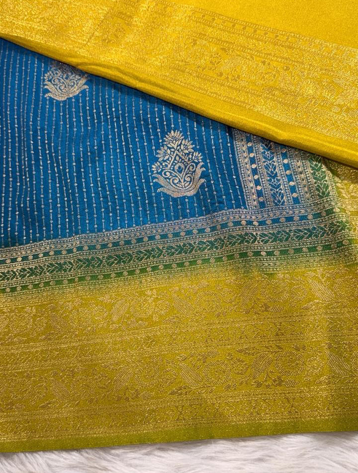 Blue Yellow Semisilk Banarasi Saree