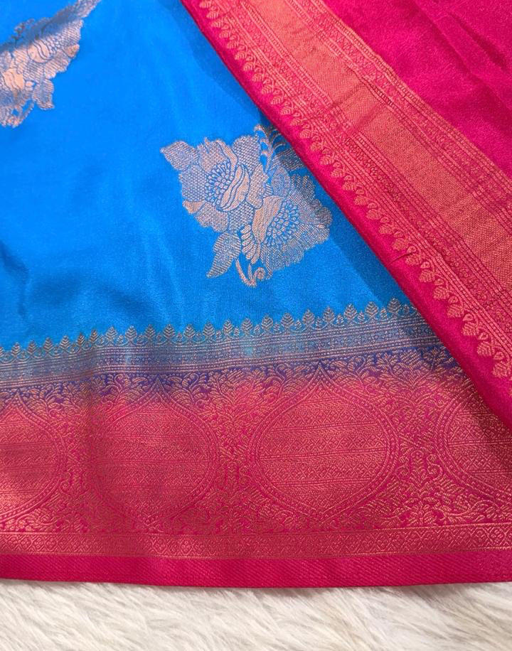 Blue Pink Semisilk Banarasi Saree