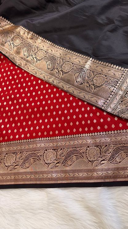 Red Black Katan Banarasi Saree