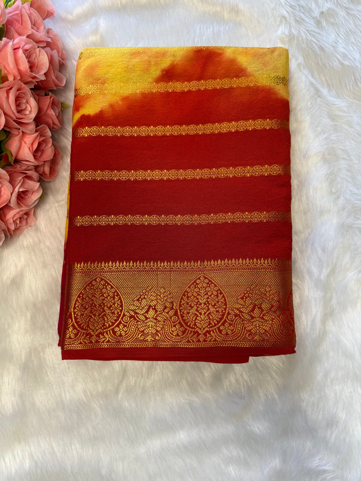 Yellow Red Strip Banarasi Saree