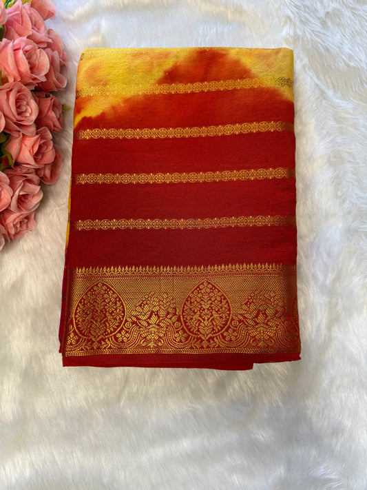 Yellow Red Strip Banarasi Saree