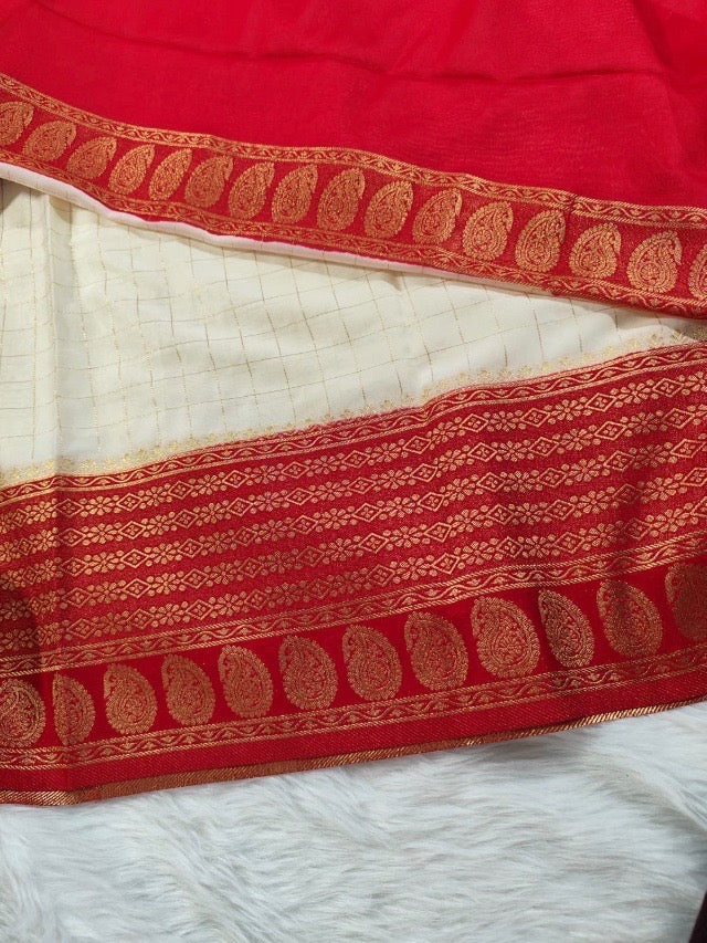 White Red Semisilk Banarasi Saree