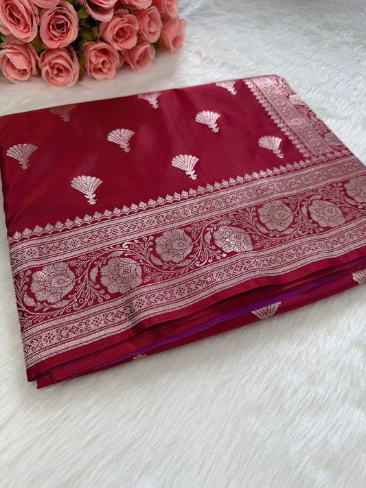 Maroon Floral Banarasi Mashru Silk Saree