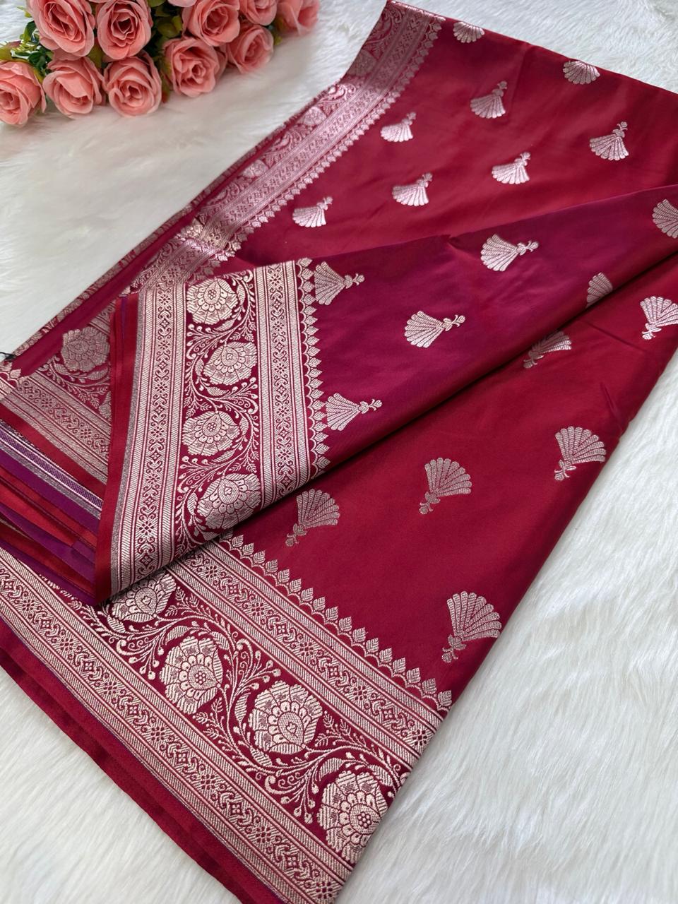 Maroon Floral Banarasi Mashru Silk Saree