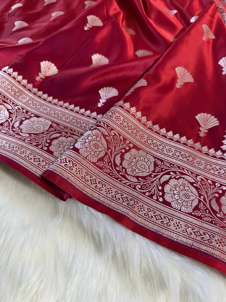 Maroon Floral Banarasi Mashru Silk Saree