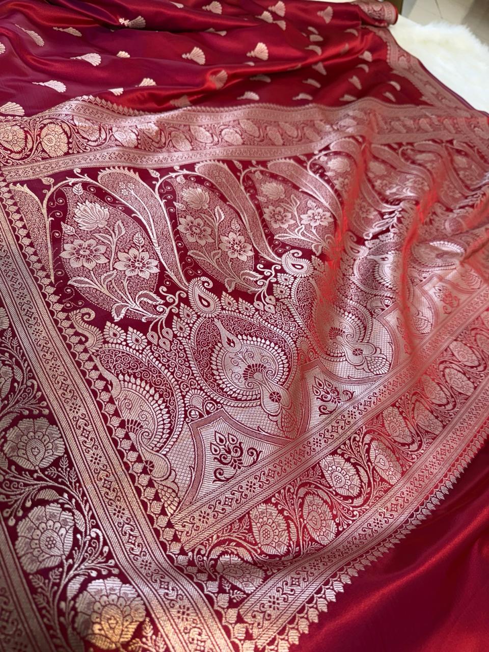 Maroon Floral Banarasi Mashru Silk Saree