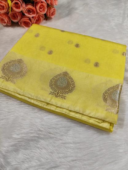 Lime Yellow Raw Mango Banarasi Saree