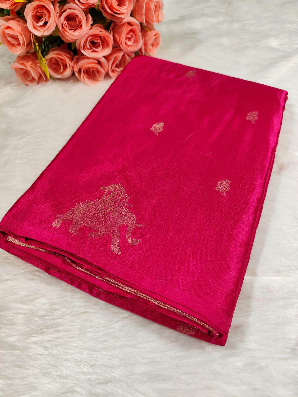 Rani Pink Buti Banarasi Satin Saree