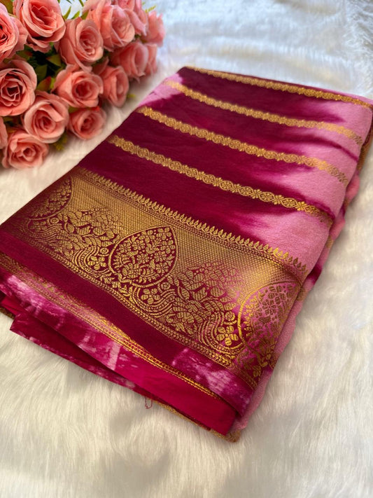 Pink Gold Strip Banarasi Saree