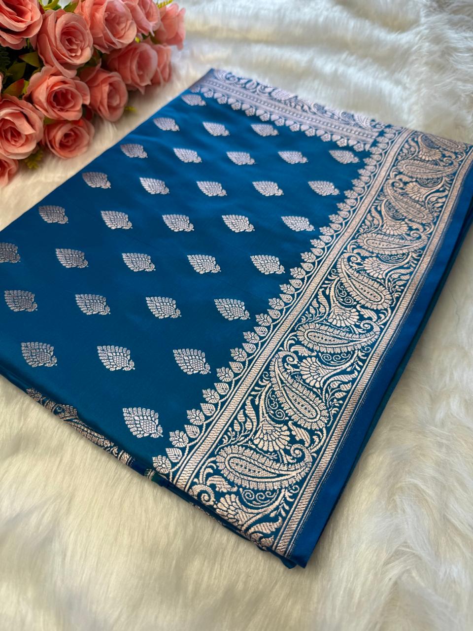 Blue Floral Banarasi Mashru Silk