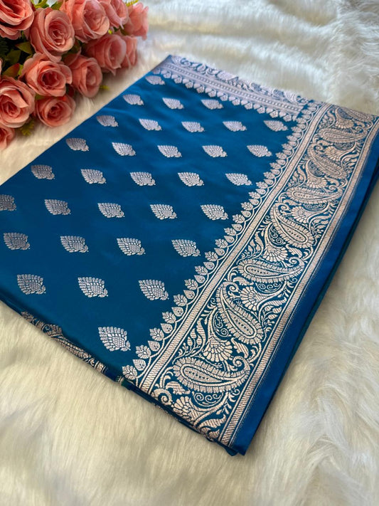 Blue Floral Banarasi Mashru Silk