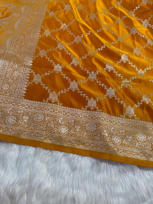 Mustard Yellow Jaal Banarasi Mashru Silk Saree