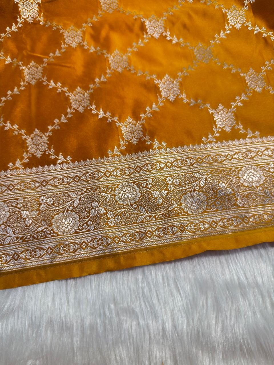 Mustard Yellow Jaal Banarasi Mashru Silk Saree