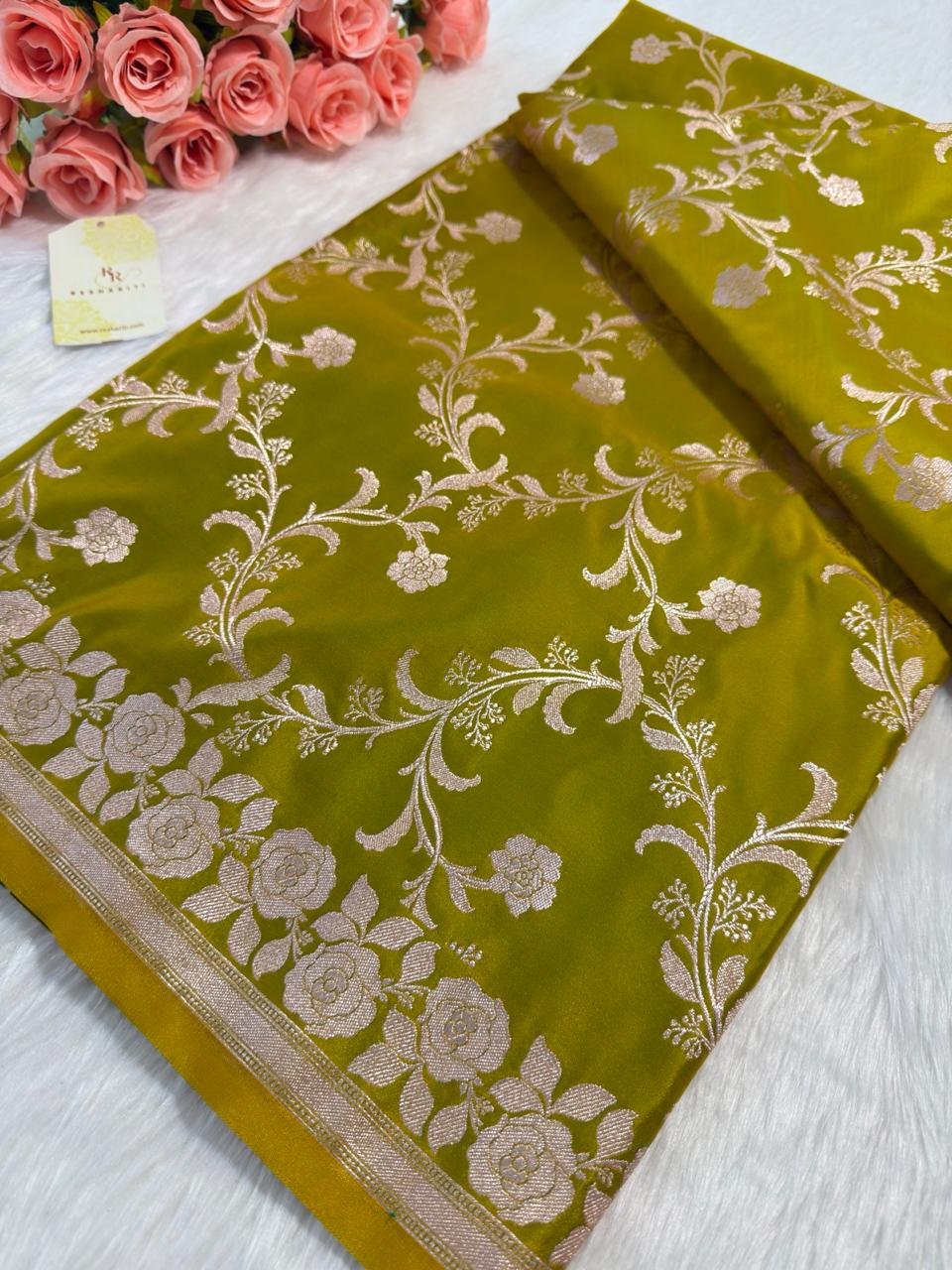 Mehendi Green Floral Banarasi Mashru Silk