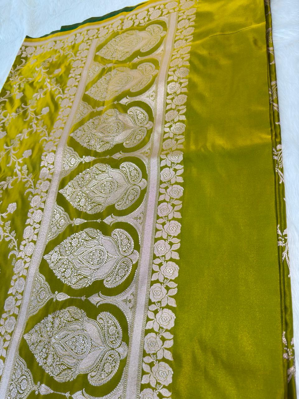 Mehendi Green Floral Banarasi Mashru Silk