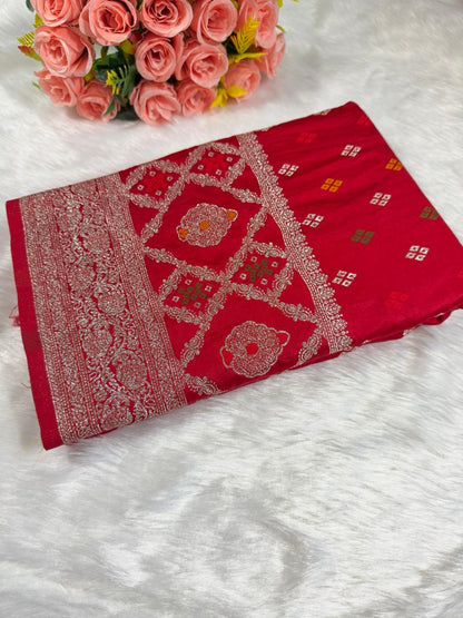 Red Buti Satin Banarasi Saree