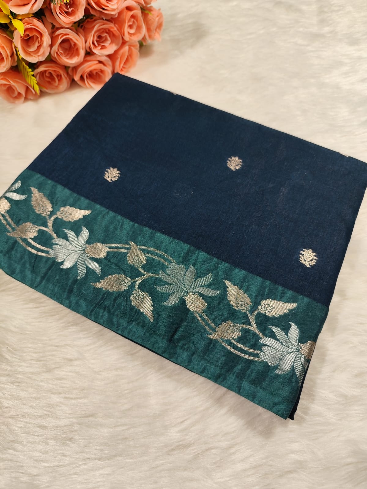 Bottle Green Buti Banarasi Raw Mango Saree