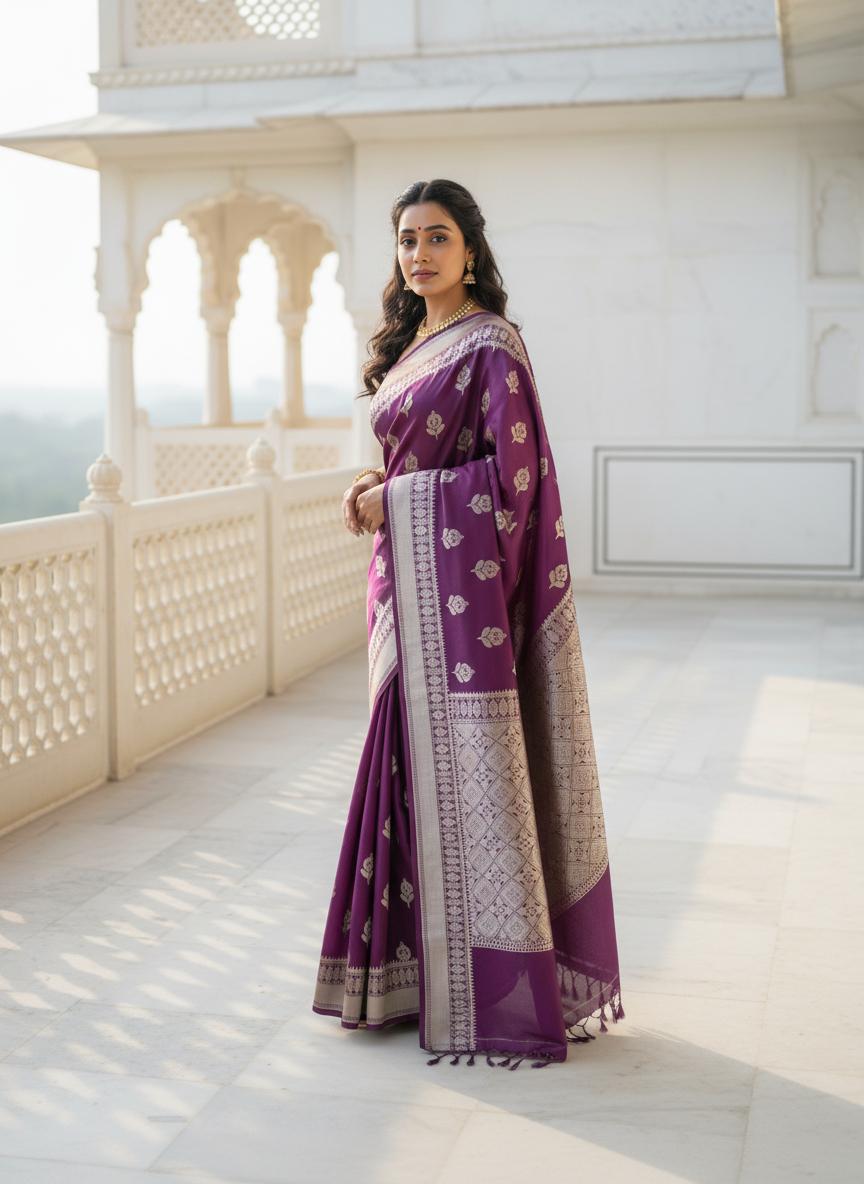 Purple Floral Banarasi Mashru Silk Saree