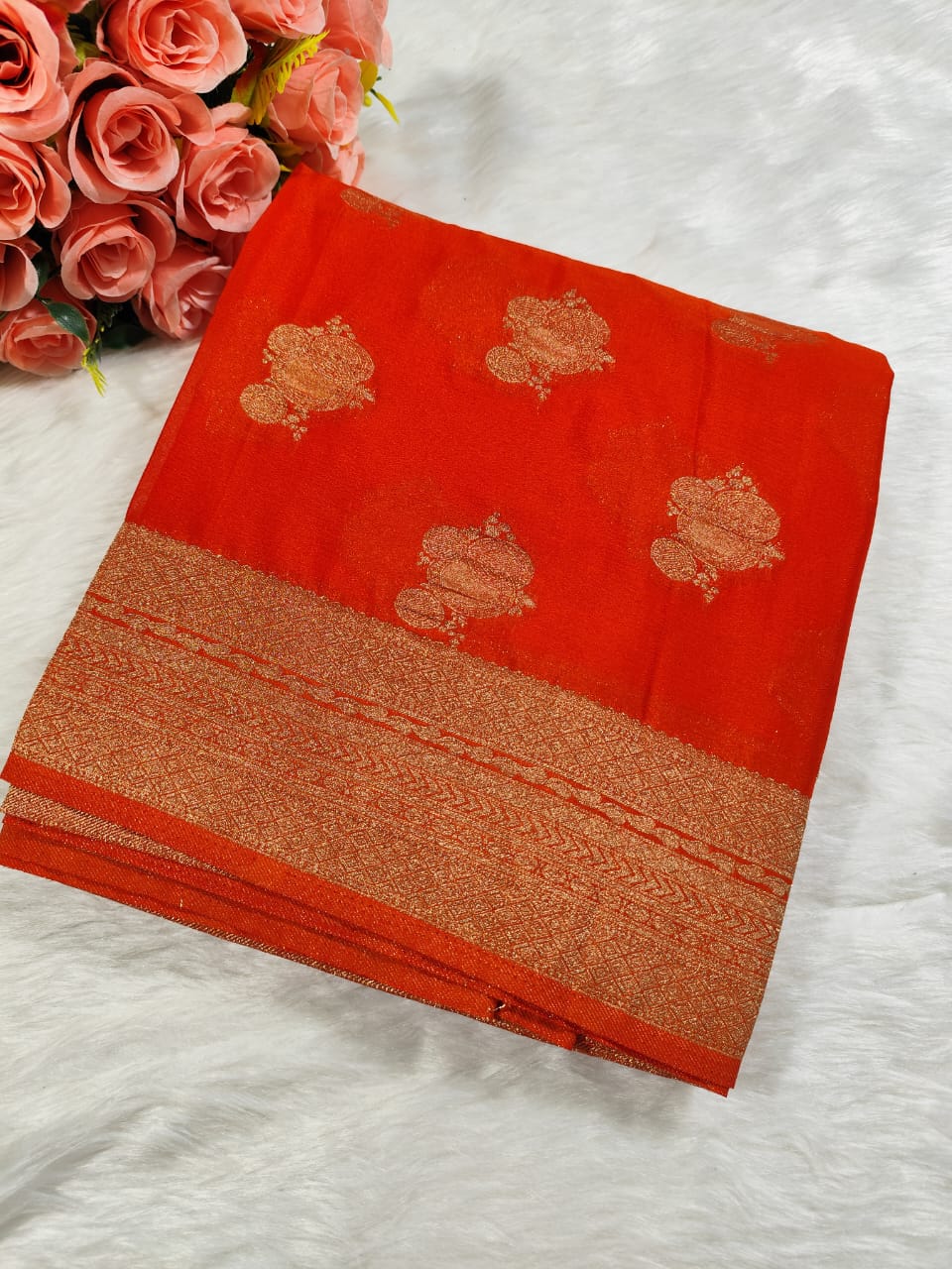 Orange Floral Banarasi Georgette Saree