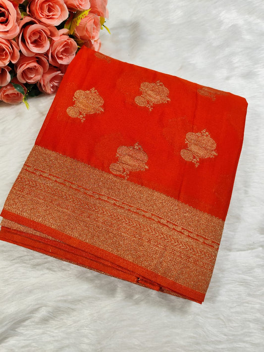 Orange Floral Banarasi Georgette Saree