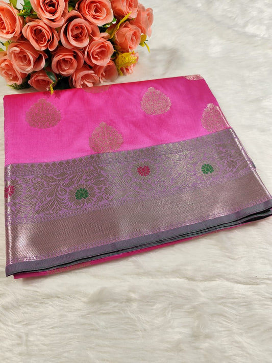 Pink Floral Banarasi Silk Saree