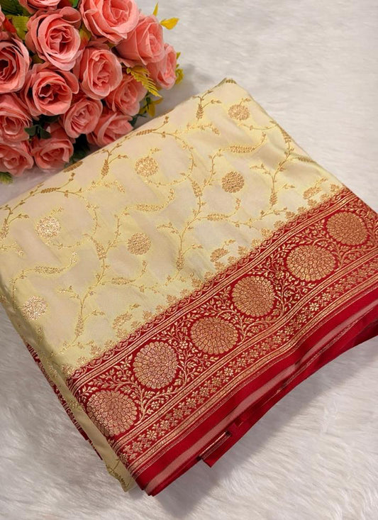 White red border Katan Silk Banarasi Saree