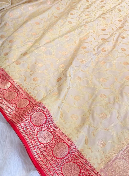 White red border Katan Silk Banarasi Saree