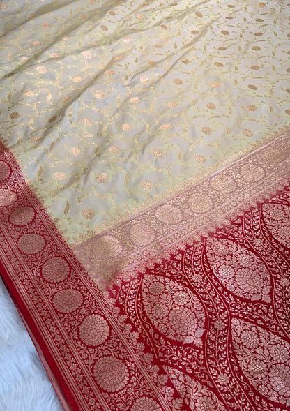 White red border Katan Silk Banarasi Saree