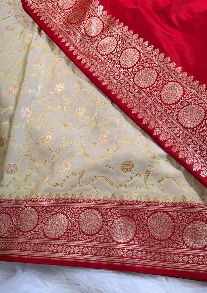 White red border Katan Silk Banarasi Saree