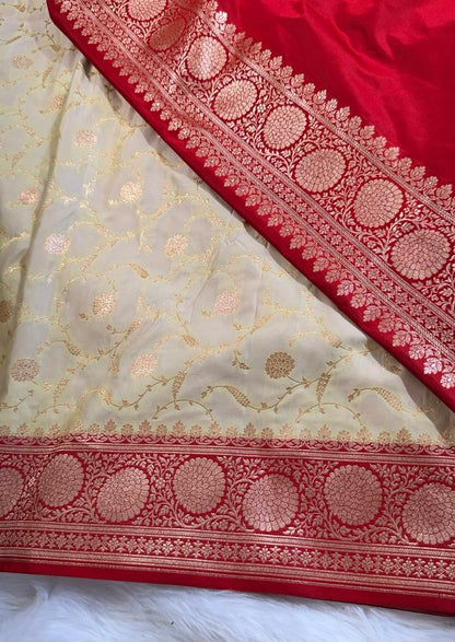 White red border Katan Silk Banarasi Saree