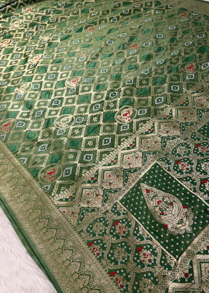 Green Satin Banarasi Saree