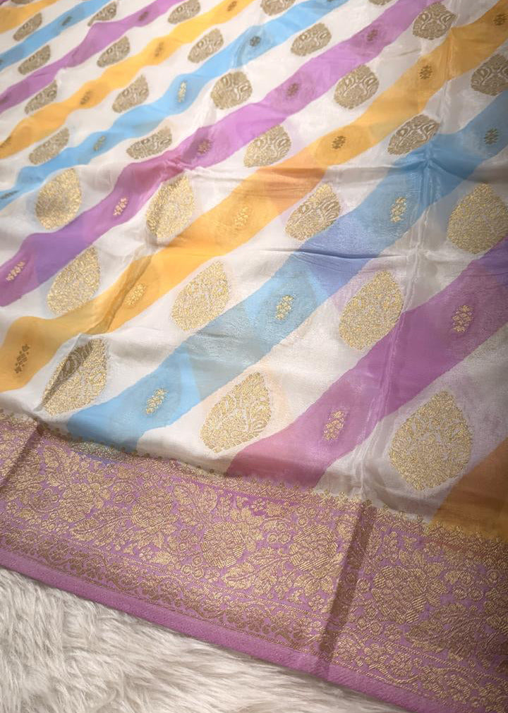 White Pink Semisilk Banarasi Saree