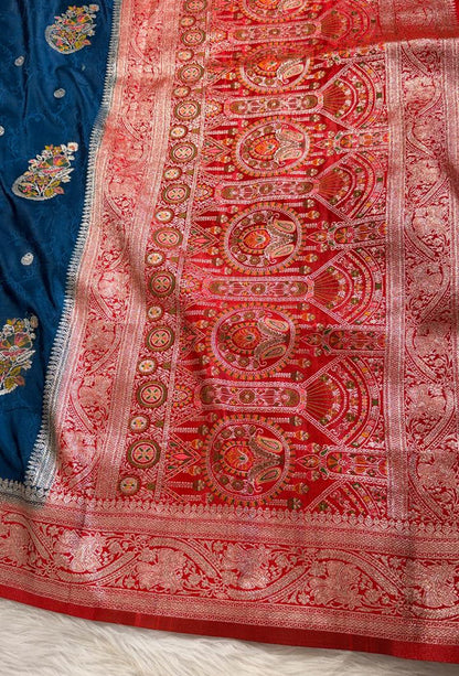 Teal Blue Satin Banarasi Saree