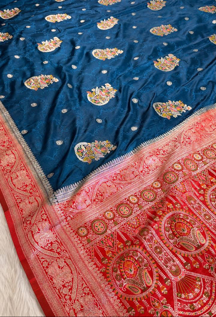 Teal Blue Satin Banarasi Saree