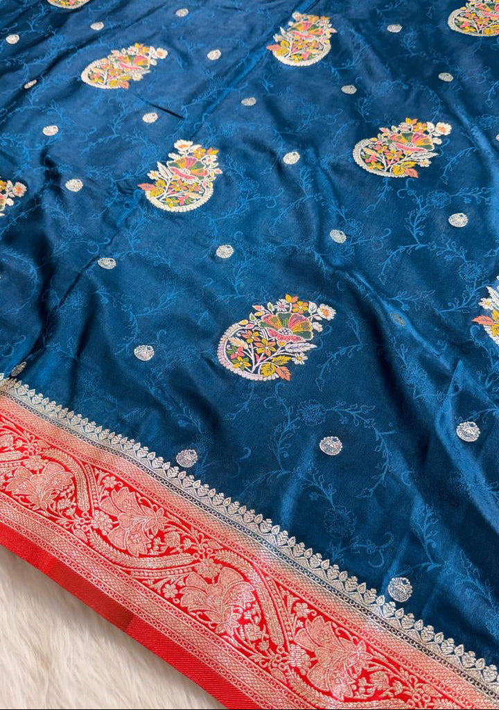 Teal Blue Satin Banarasi Saree
