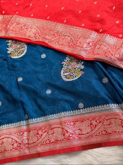 Teal Blue Satin Banarasi Saree